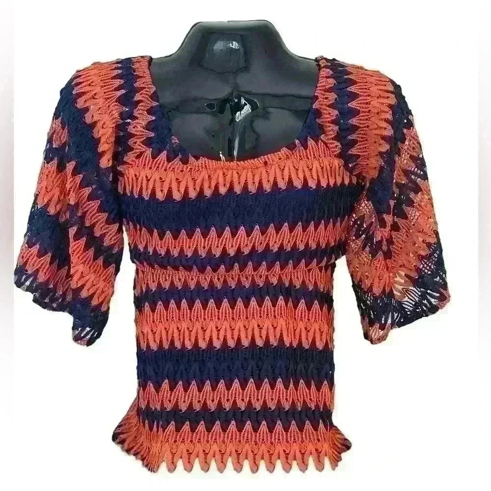 Judith March Blouse Size Small Top Orange‎ Blue Chevron Angel Sleeve Lace GUC S